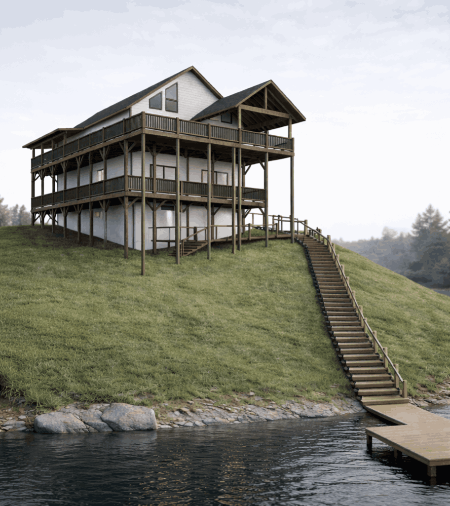 Lakeside house on stilts at dawn