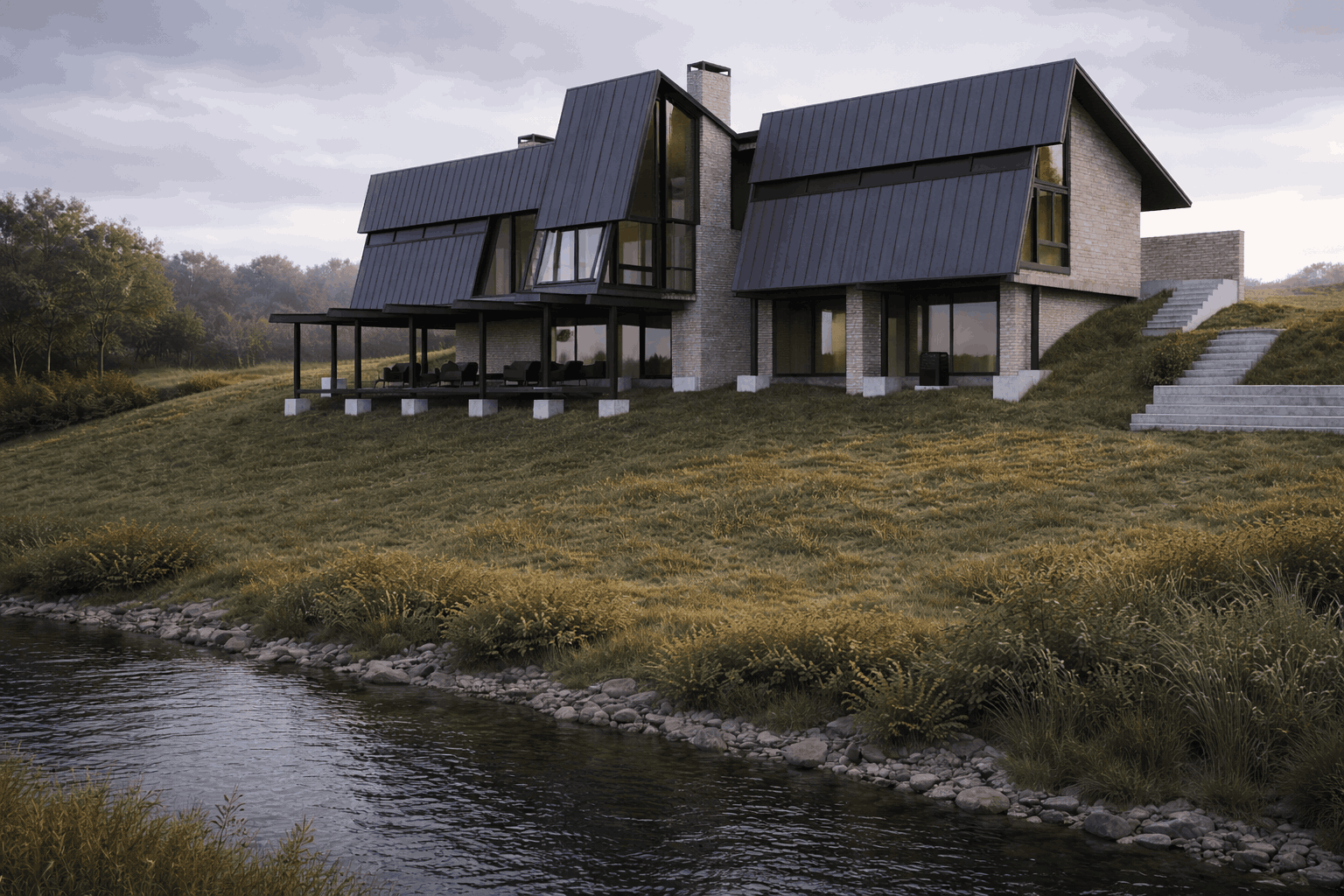 Modern A-frame houses by the river
